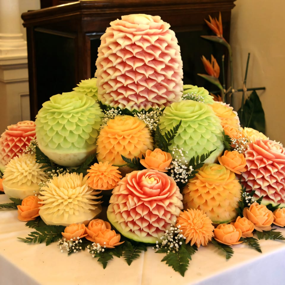 Elaborate Thai fruit carvings, including watermelons and cantaloupes, arranged as a centerpiece with ferns and baby's breath.